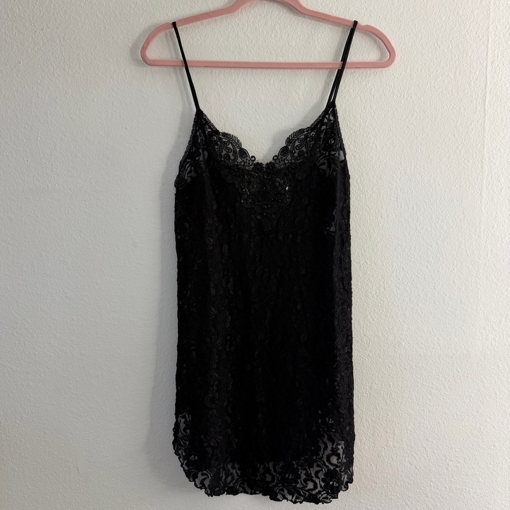 Vintage Adonna Black Lace Rhinestone Embellished Layering Tank Top Size Small